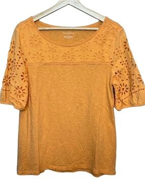 Talbots Peach-Orange Eyelet Puff Sleeve Cotton Top